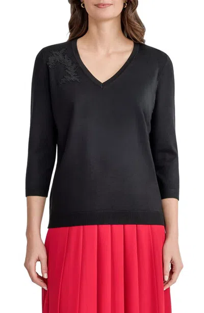 Kasper Embroidered V-neck Sweater In Black
