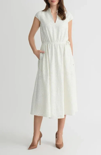Kasper Eyelet Cap Sleeve Midi Dress In White