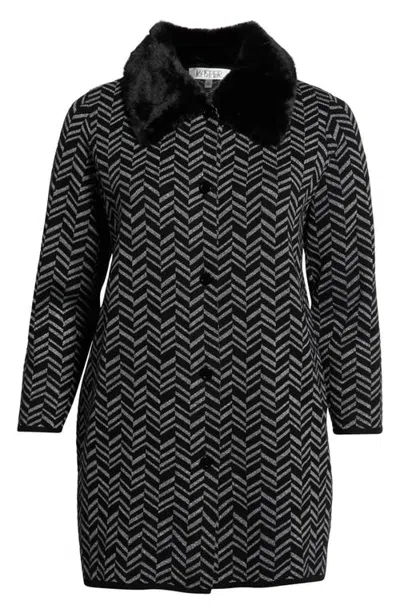 Kasper Faux Fur Collar Metallic Chevron Cardigan In Black/silver