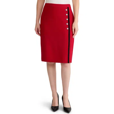 Kasper Faux Wrap Skirt With Buttons In Fire Red/black