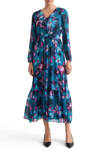 Kasper Floral Balloon Sleeve Midi Dress In Multi