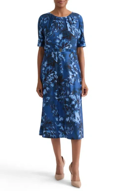 Kasper Floral Belted A-line Dress In Blue