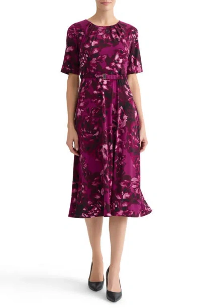 Kasper Floral Belted A-line Dress In Burgundy