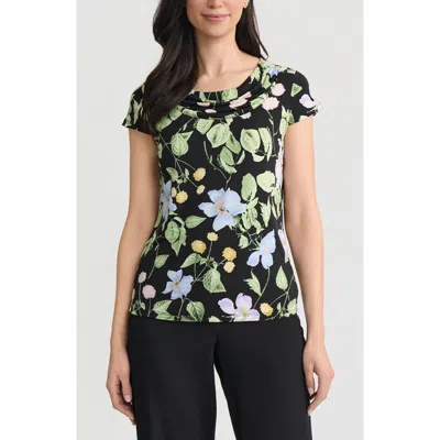 Kasper Floral Cowl Neck Cap Sleeve Top In Black