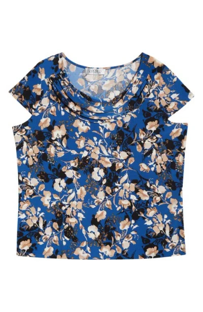 Kasper Floral Cowl Neck Cap Sleeve Top In Blue