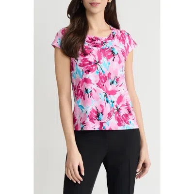 Kasper Floral Cowl Neck Cap Sleeve Top In Pink