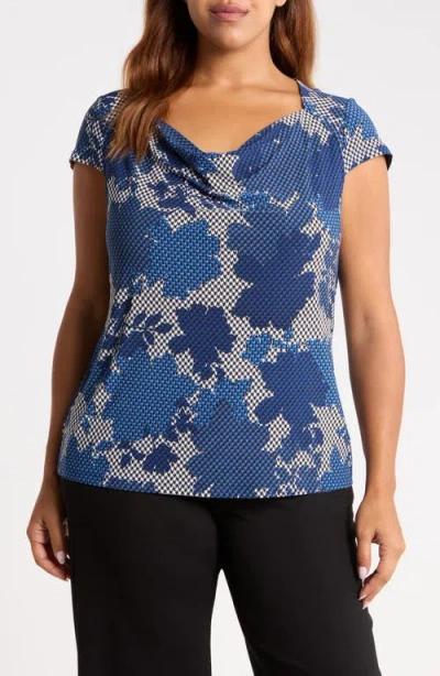 Kasper Floral Cowl Neck Cap Sleeve Top In Blue