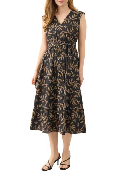 Kasper Floral Embroidered Cotton Midi Dress In Black