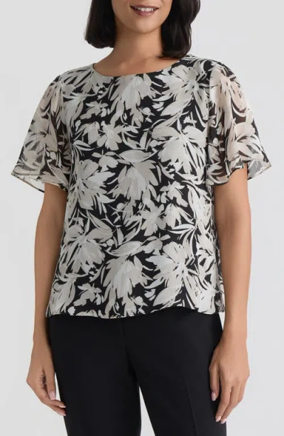 Kasper Floral Flutter Sleeve Top In Gray