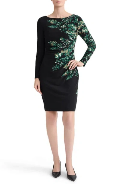 Kasper Floral Long Sleeve Side Pleat Dress In Multi