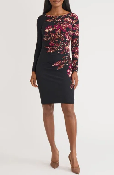 Kasper Floral Long Sleeve Side Ruched Jersey Dress In Burgundy