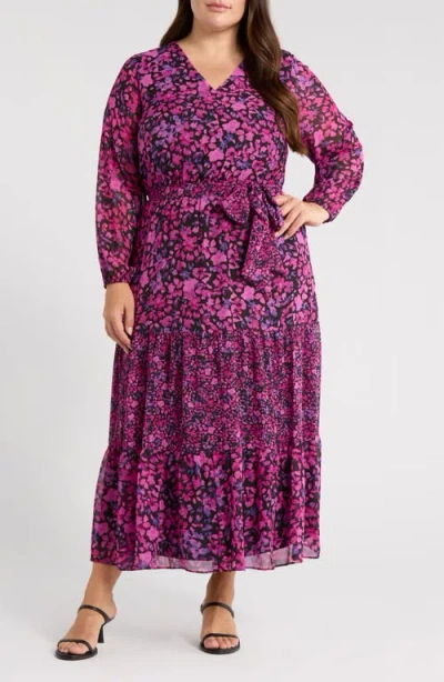 KASPER KASPER FLORAL LONG SLEEVE TIERED MAXI DRESS