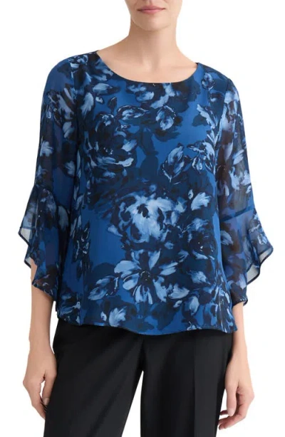 Kasper Floral Print Bell Sleeve Top In Blue