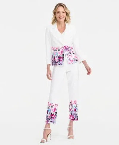 Kasper Floral Print Blazer Ruffled Top Floral Print Pants In White