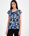 Kasper Floral-print Cap-sleeve Cowlneck Blouse, Regular & Petite In Blue