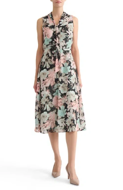 Kasper Floral Print Clip Dot Tie Neck Sleeveless Midi Dress In Multi