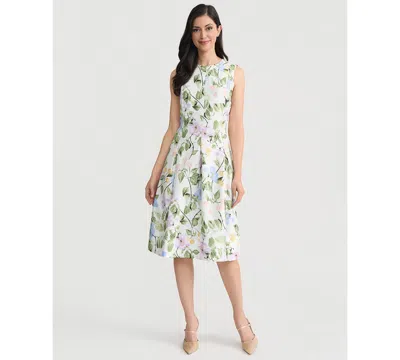 Kasper Floral Print Dupioni Pleated Dress In White