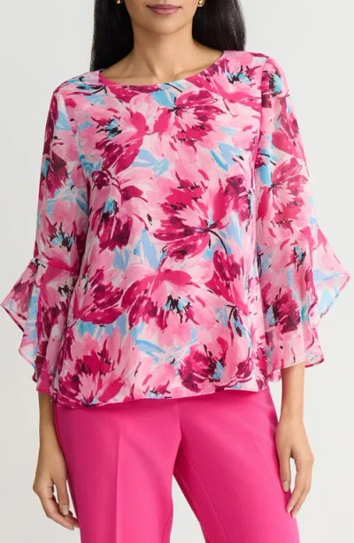 Kasper Floral Print Flutter Sleeve Top In Pink