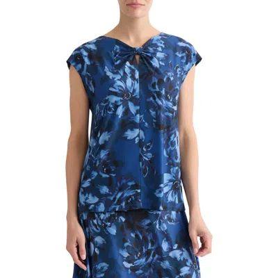 Kasper Floral Print Knit Keyhole Bow Top In Blue