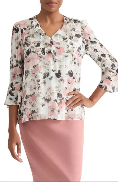 Kasper Floral Print Metallic Ruffle Top In White