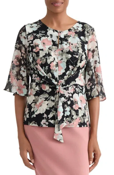 Kasper Floral Print Mixed Media Tie Waist Top In Black