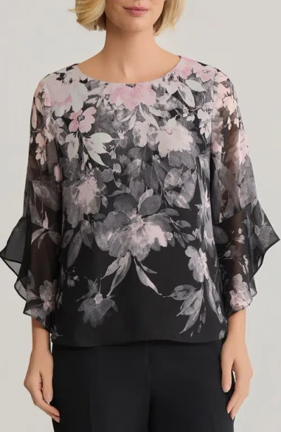 Kasper Floral Print Ruffle Sleeve Top In Black
