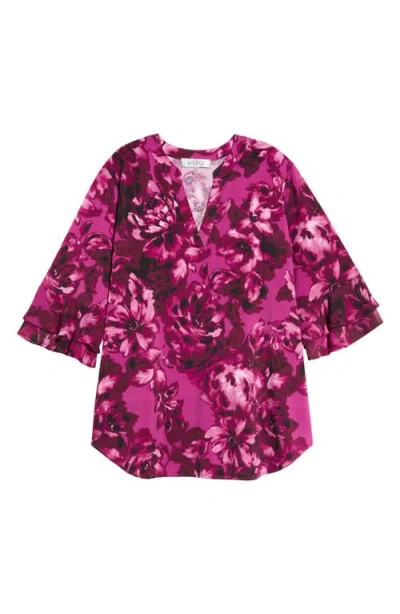 Kasper Floral Print Ruffle Sleeve Top In Purple