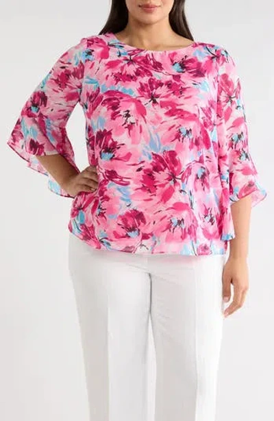 Kasper Floral Print Ruffle Top In Lily White Multi