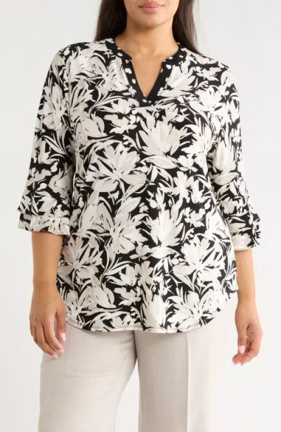 Kasper Floral Print Stretch Crepe Top In Brown