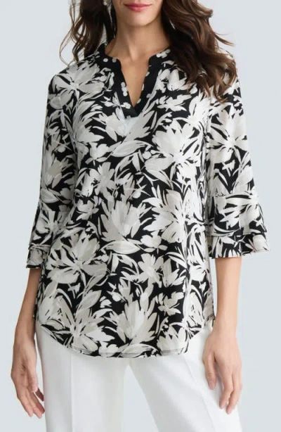 Kasper Floral Print Three-quarter Sleeve Knit Top In Black