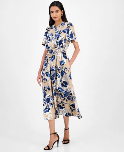 Kasper Floral-print Tie-waist Midi Dress, Regular & Petite In Neutral