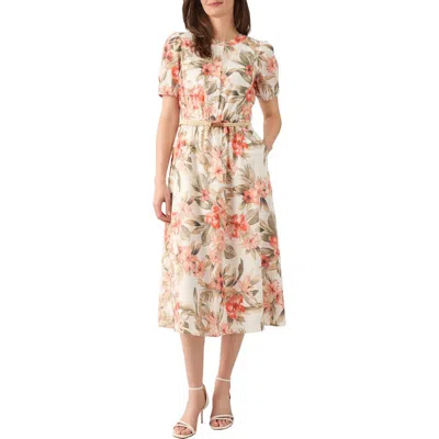 Kasper Floral Puff Sleeve Cotton Midi Dress