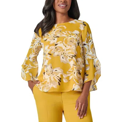 Kasper Floral Ruffle Sleeve Chiffon Top In Butterscotch Multi