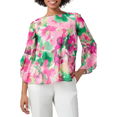 Kasper Floral Ruffle Sleeve Top In Vanilla Ice Multi