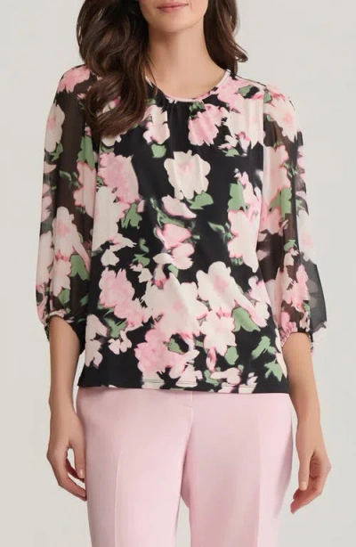 Kasper Floral Shirred Neck Top In Multi