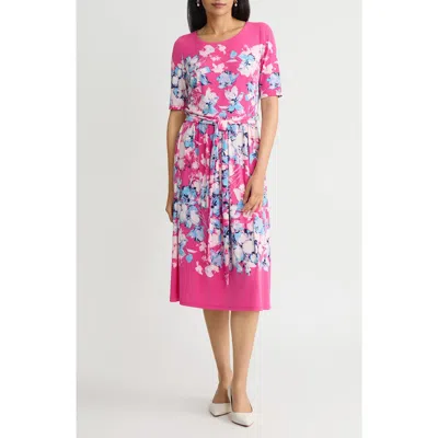 Kasper Floral Shirred Tie Belt Dress In Pink