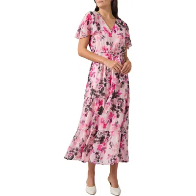 Kasper Floral Short Sleeve Tiered Maxi Dress In Tutu Pink Multi