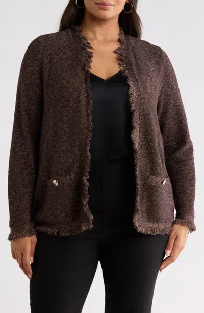 Kasper Fringe Metallic Cardigan In Brown