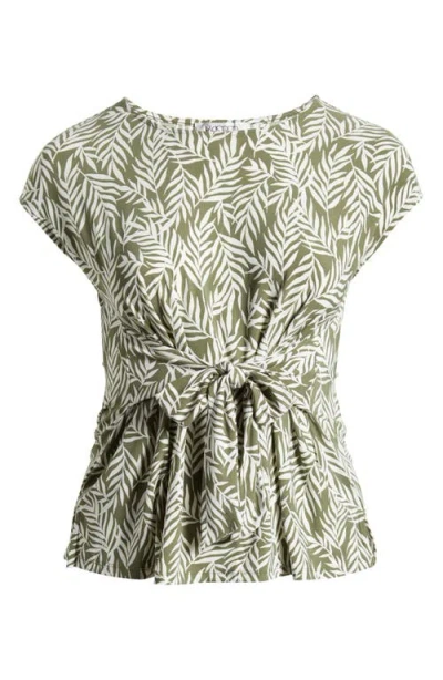 Kasper Frond Print Cap Sleeve Tie Front Top In Green