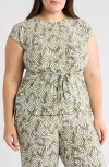Kasper Frond Print Cap Sleeve Tie Front Top
