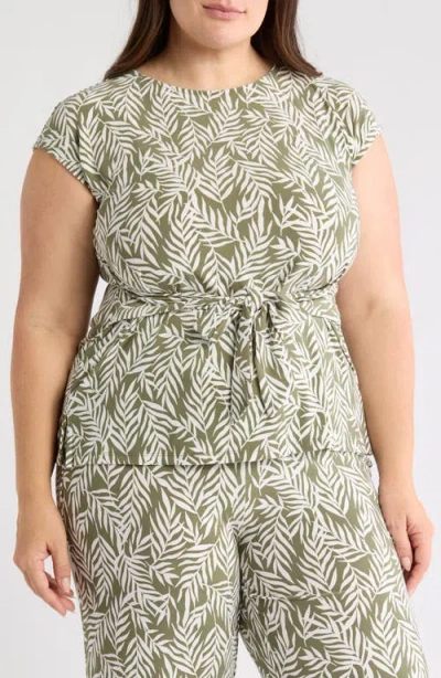 Kasper Frond Print Cap Sleeve Tie Front Top
