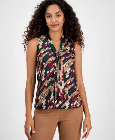 Kasper Geo-print Satin Tie-neck Sleeveless Top, Regular & Petites In Multi