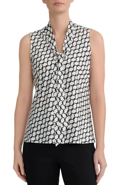 Kasper Geometric Print Tie Neck Satin Top In Black