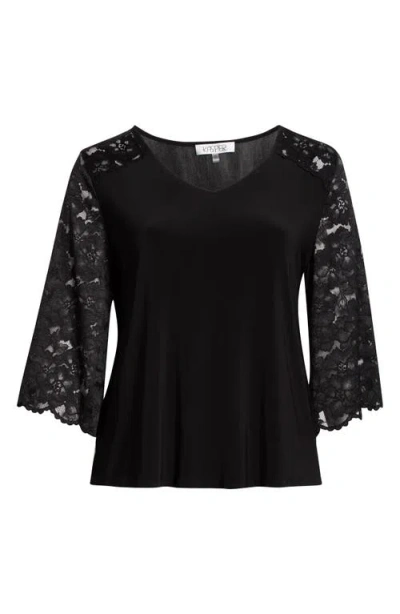 Kasper Lace Sleeve Knit Top In Black