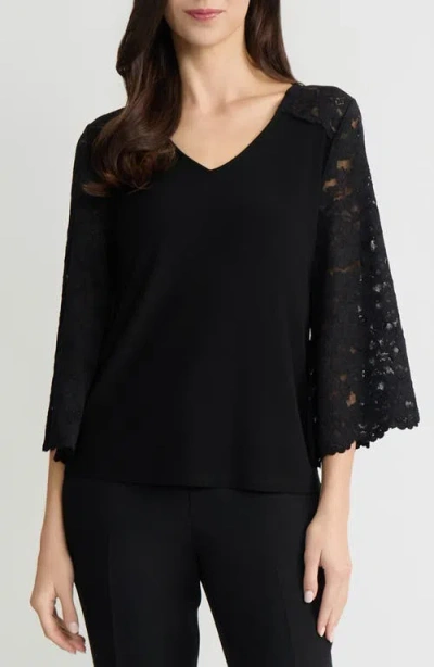 Kasper Lace Sleeve Knit Top In Black