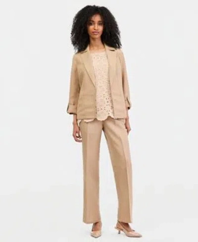 Kasper Linen Blend Open Front Blazer Crocheted Top Linen Blend Pull On Pants In Sesame