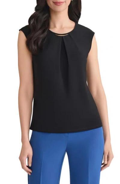 Kasper Metal Accent Gathered Neck Crepe Knit Top In Black