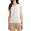 Kasper Metal Accent Gathered Neck Crepe Knit Top In White