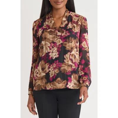 Kasper Metallic Floral Pleated Chiffon Top In Multi