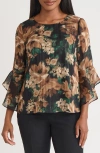 Kasper Metallic Ruffle Sleeve Top In Brown